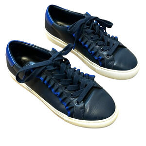 Tory Burch Sneakers Blue Ruffle Calf Leather Slip On Lace Up Rubber Shoes Sz 6.5